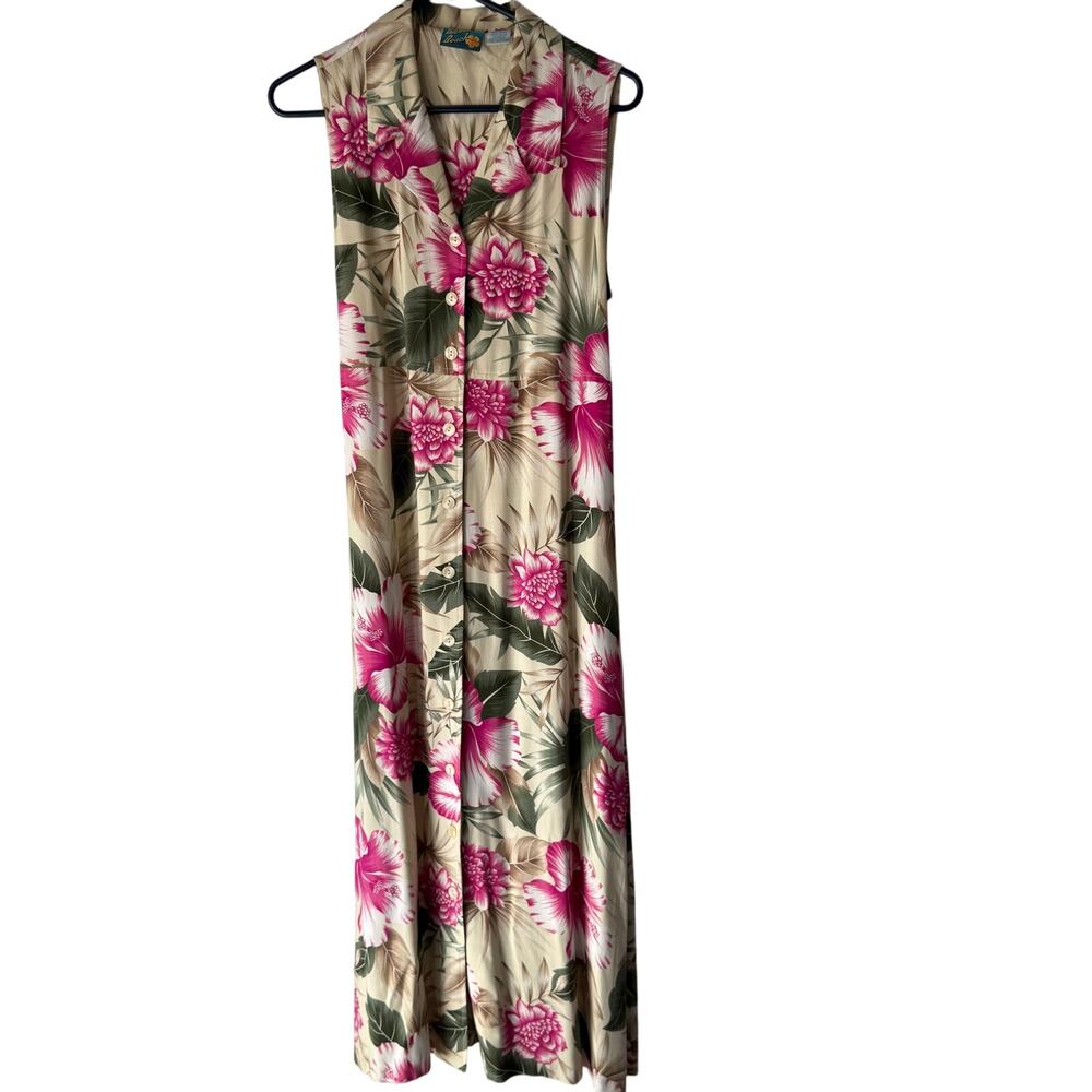 Bahama Beach Medium Vintage 90s‎ Vacation Floral Tropical Full Button Midi Dress